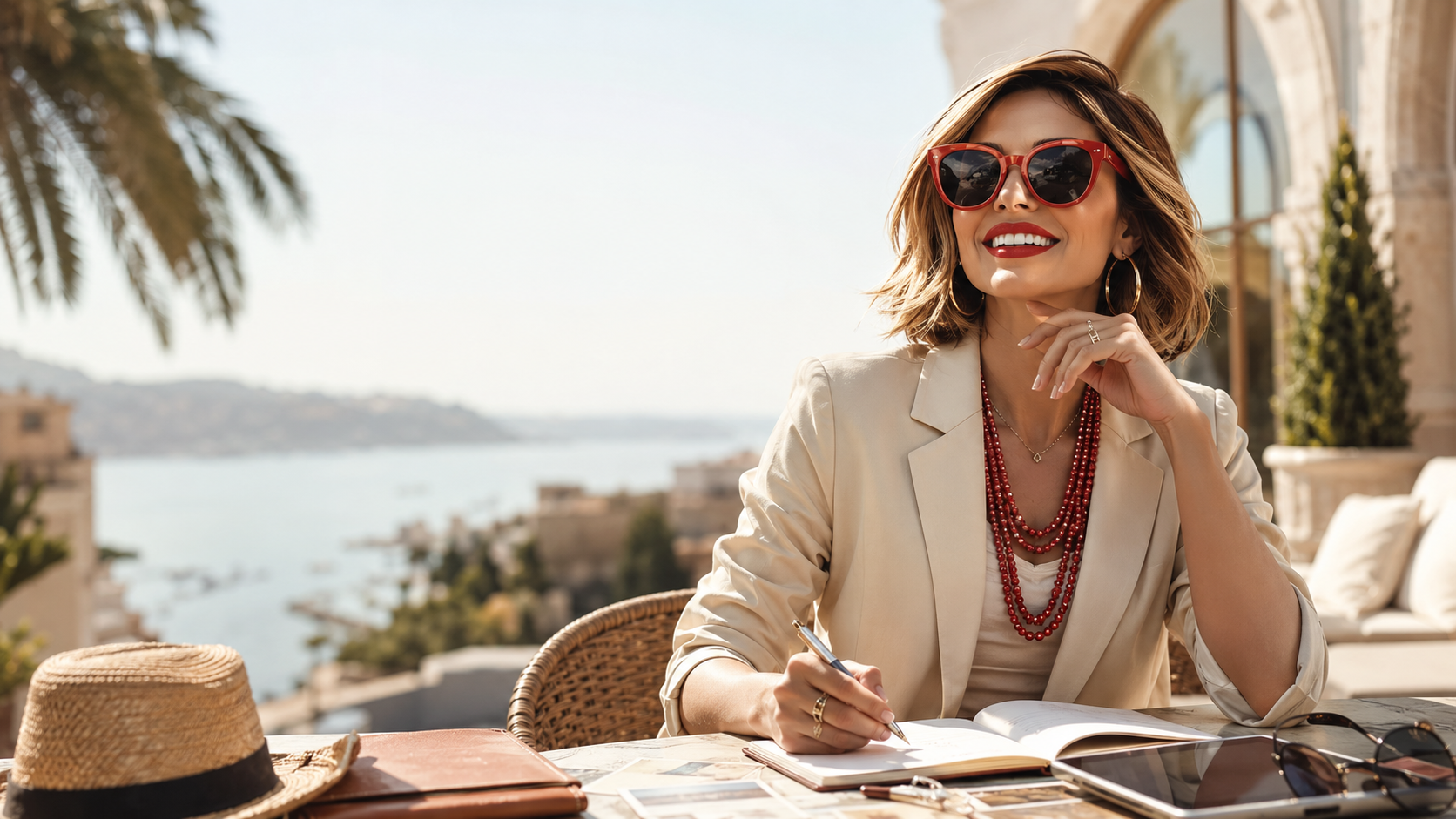 Professionnelle du voyage préparant une collaboration sur une terrasse